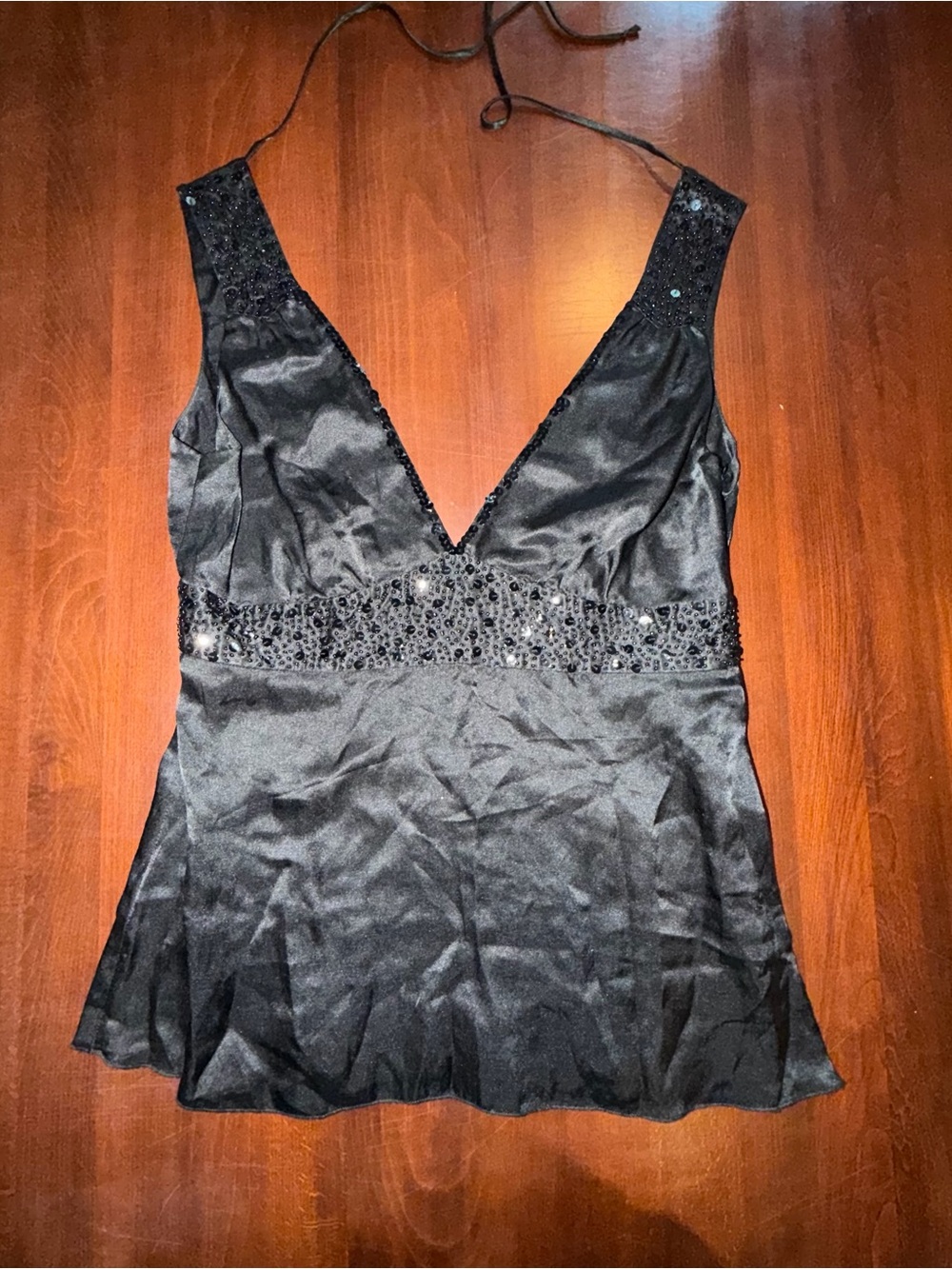 Y2K Black Satin Sequin Beaded Going Out Top